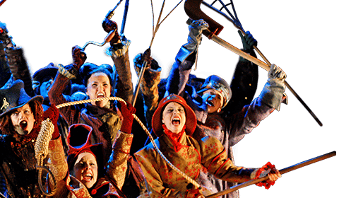 Witch Hunters Cast Holding Pitchforks, Ropes, and Other Weapons