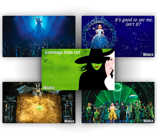 5 Zoom Backgrounds. The First is a Photo of Elphaba Defying Gravity. The Second is a Photo of Glinda Floating in her Bubble With the Text "It's Good to See Me Isn't It?" The Third is a Photo of the Curtain and the Dragon Mounted on the Stage. the Fourth is a Photo of Elphaba, Glinda, and the Ensemble in the Emerald city. and the Fifth in the Center is the Whispering Witches Art with the text "Greetings from Oz!"